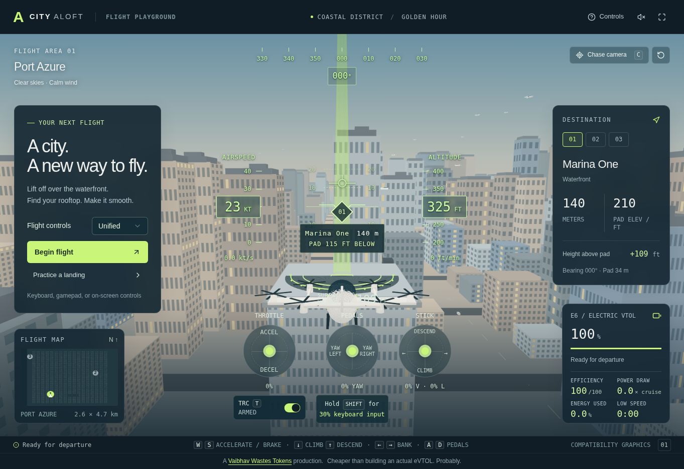 City Aloft's coastal skyline, rooftop landing pad, and electric aircraft