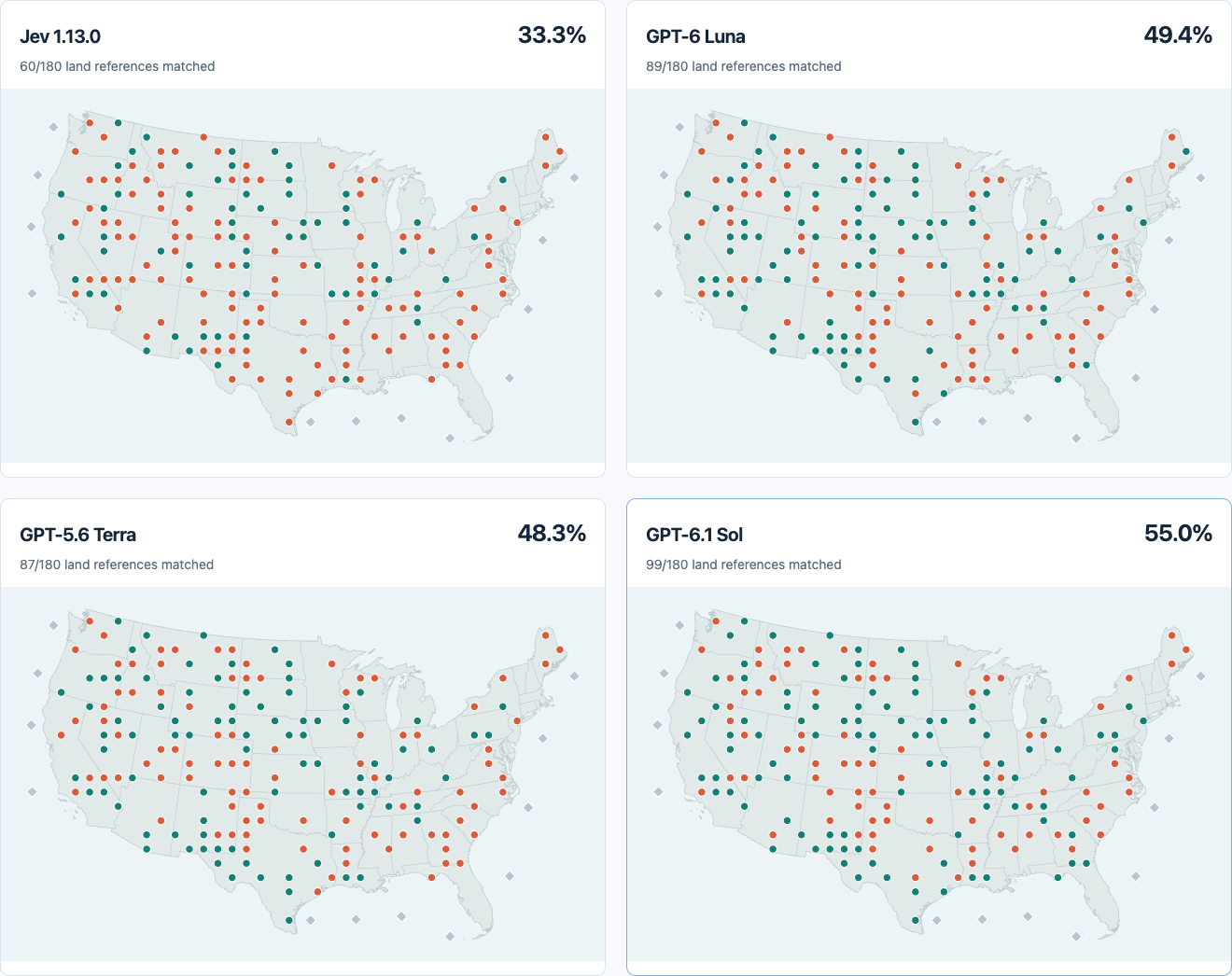 Where on Earth benchmark maps comparing AI predictions at the same US coordinates